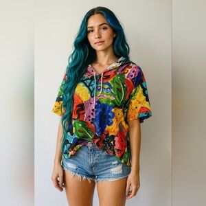 BELFE Womens Multicolor Top IT 46 US M/L Floral Hawaiian Hooded Short Sleeve